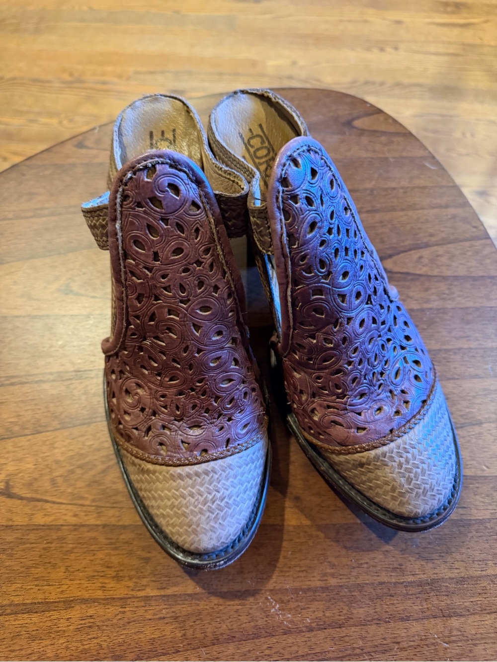 Women's Two-Tone Laser Cut Mule in Brown and Tan